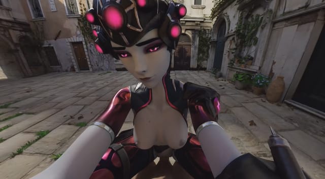 CGI Widowmaker character performs seated sex in a 180 degree 4K VR experience with 3D cartoon graphics from RapidBananaCannon.