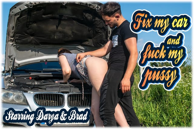 Brunette Darya participates in a VRStars non-POV 4K scene with Brad, fixing a car outdoors in a 60 FPS premium production.