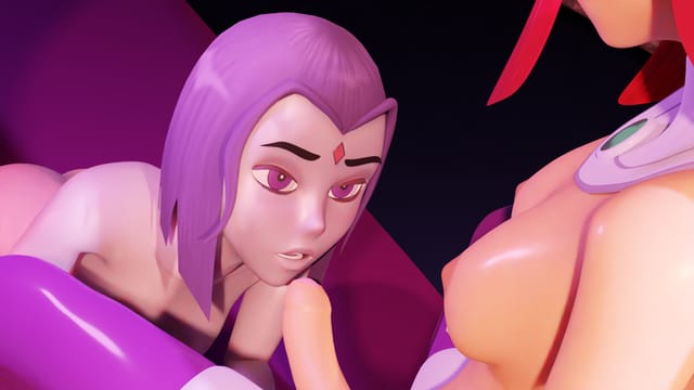 Starfuta Raven and Starfire perform a lesbian blowjob in a VRAnimeTed 4K VR parody with futanari hentai characters.