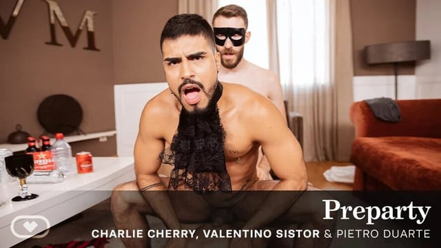 Valentino Sistor, Charlie Cherry, and Pietro Duarte perform anal and blowjobs in a bear-themed preparty VR scene filmed in 60fps.