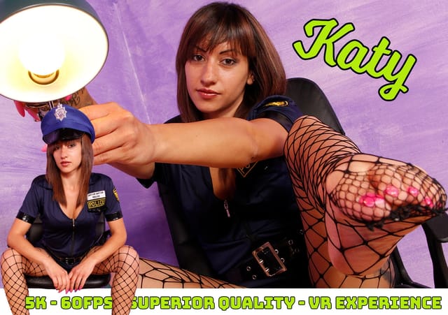 European model Katy in a sexy cop cosplay shows off fishnet-clad feet in a 60 FPS non-POV VR scene.