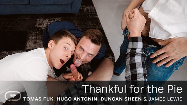 Tomas Fuk and James Lewis receive anal and oral sex in a VR POV scene with Hugo Antonin filmed in 60 FPS.