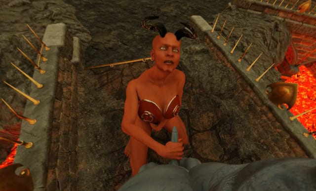 Blonde woman in red devil costume performs oral sex on camera in dark room for 360 degree VR experience with binaural sound effects