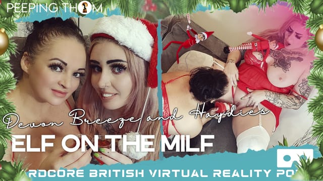 Haydies and Devon Breeze kiss in a Christmas themed non POV 4K VR scene produced by Peeping Thom