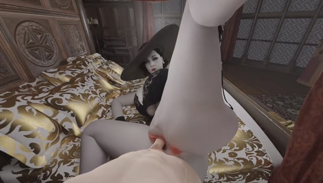 Lady Dimitrescu POV scene in 4K VR with large breasts viewed through 180 degree passthrough lens.