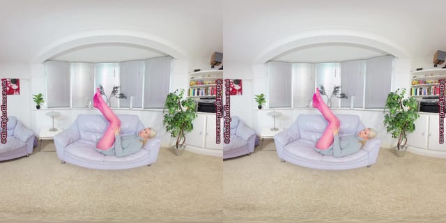 Nicky Phillips Grey dress with pink glossy legwear GlossTightsGlamourVR — photo 1