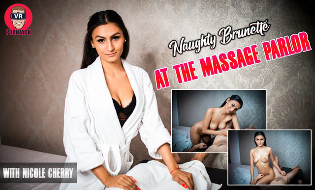 Nicole Cherry receives a massage and blowjob in a parlor setting, filmed in 4K VR POV.