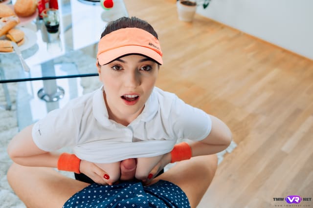 Mia Evans performs a POV blowjob and titty fuck on a tennis court in this 4K VR video.