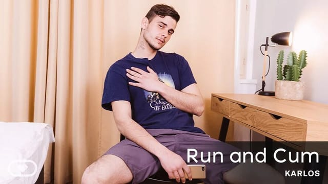 Brunette Karlos performs solo masturbation in a VR scene filmed in 4K and 60 frames per second for VirtualRealGay.
