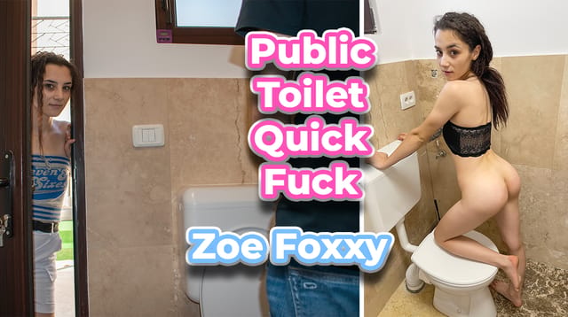Zoe Foxxy brunette teen performs oral sex in a public toilet setting for VRStars in 4K non POV video.