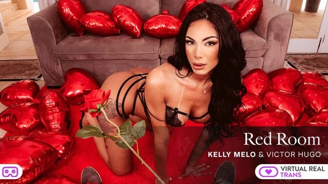 Kelly Melo performs a blowjob and anal sex in a red room, captured in 4K VR POV style.