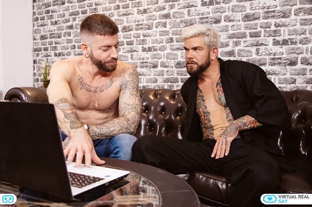 Rico Vega and Juan Lucho pose as muscular bears in a 4K VR photoshoot scene filmed at 60 frames per second for VirtualRealGay.