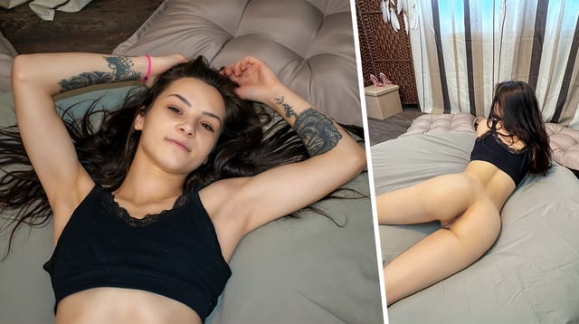 Brunette model Zoe Foxxy performs solo masturbation in a bedroom setting featuring 4K VR non-pov footage.