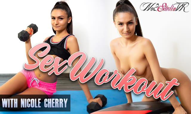 Brunette Nicole Cherry performs a blowjob in a POV workout scene from No2StudioVR, featuring 4K resolution and 60 FPS VR quality.