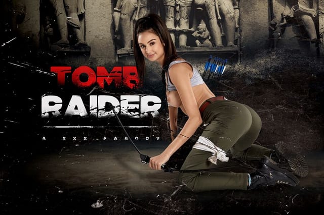 Eliza Ibarra in Tomb Raider cosplay performs a POV blowjob in an 8K VR video with 60 FPS gameplay visuals.