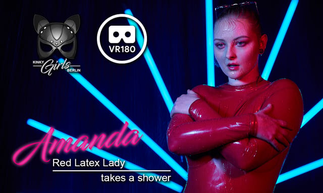 Brunette Amanda in red latex takes a shower in a solo non POV 4K VR scene by KinkyGirlsBerlin