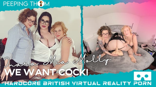 Mia Milf, Inara Stark, and Molly Milf perform oral sex on a male partner in a non-POV 4K VR scene by Peeping Thom.