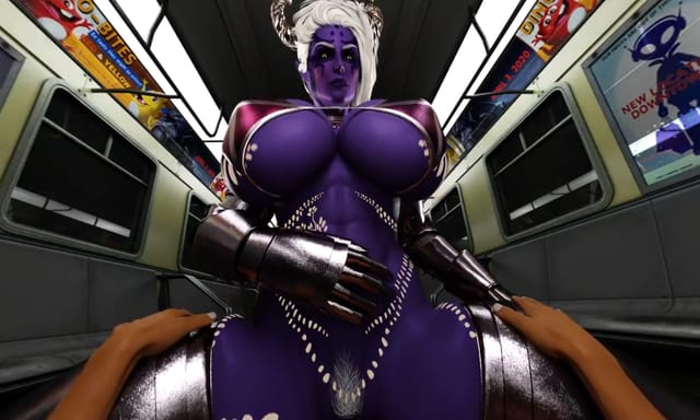 Succubus model in cowgirl position during 3D POV VR sex scene with 60 FPS rendering from DarkDreams.