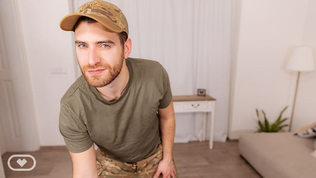 Ruben Martinez and Oskar Ivan in a gay soldier POV anal scene with blowjob, filmed in VR 60 FPS premium quality.