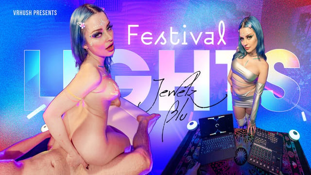 Jewelz Blu performs a POV blowjob and pussy licking in a cyberpunk festival setting during this 60 FPS VRHush production.