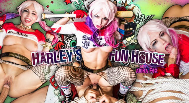 Aidra Fox performs a POV blowjob in a Fun House cosplay, featuring 60 FPS VR and kissing scenes in a digitally remastered production.