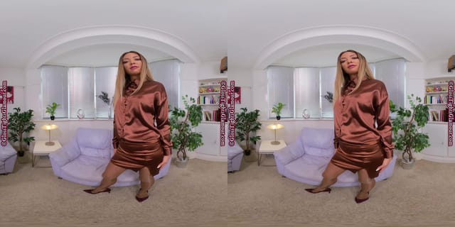 Natalia Forrest Brown Secretary Outfit With Tan Glossy Legwear JOI GlossTightsGlamourVR — photo 5