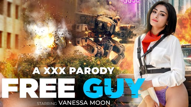 Vanessa Moon in Free Guy cosplay performs a POV blowjob in a VR scene with 60 FPS fetish content.
