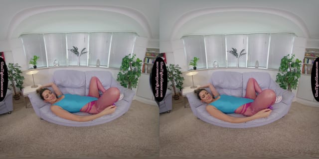 Miss V Blue Leotard With Pink Glossy Legwear GlossTightsGlamourVR — photo 4