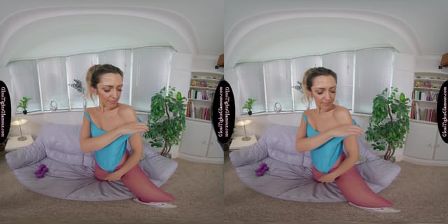 Miss V Blue Leotard With Pink Glossy Legwear GlossTightsGlamourVR — photo 3