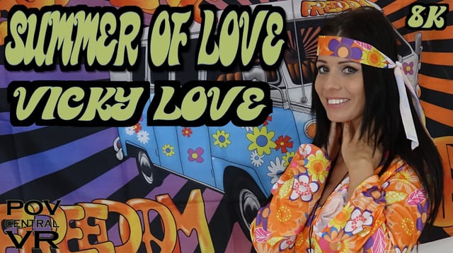 Brunette Vicky Love gives a POV blowjob in a sunny summer setting, featured in this 4K VR passthrough video by POV Central.
