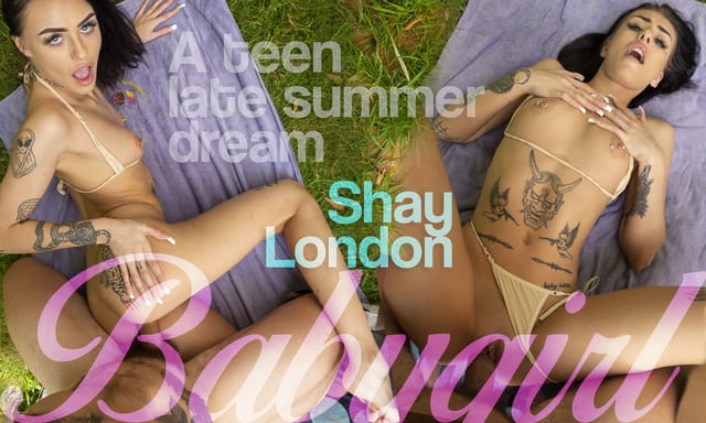 Shay London performs oral sex on camera in an outdoor setting during a POV VR video with 60 FPS resolution.