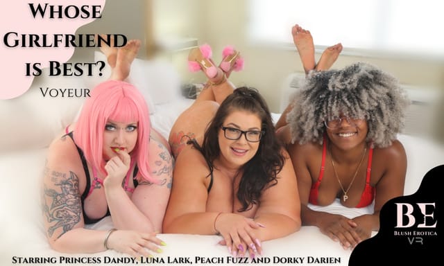 Luna Lark, Princess Dandy, and Peach Fuzz engage in group sex and oral acts in an interracial VR scene without POV.