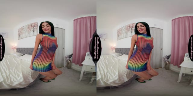 Selena In Multi-Coloured Dress With Glossy Natural Legwear GlossTightsGlamourVR — photo 9