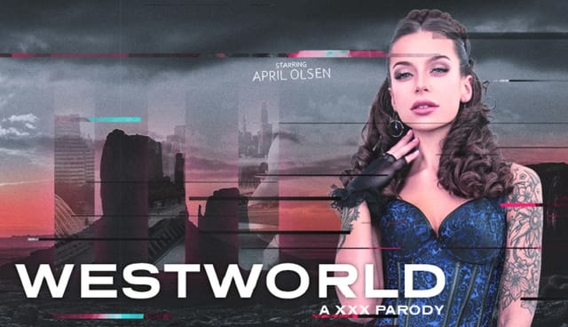 April Olsen performs a POV blowjob in a Westworld cosplay setting, presented in 4K resolution with 60 FPS playback.
