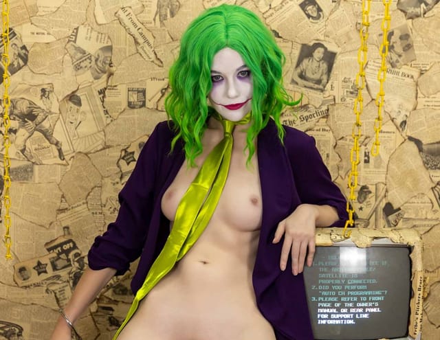 Emily Bloom as a horror joker in a solo cosplay scene, filmed in non POV 4K VR production.