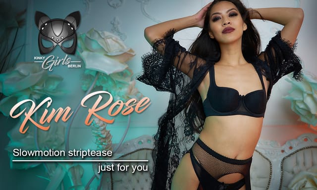 Brunette model Kim Rose performs a solo striptease in a 4K VR video with 60 FPS premium production quality.
