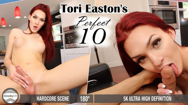Tori Easton performs a POV blowjob and anal scene in 4K VR for GroobyVR.