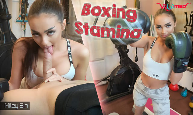 Miley Sin performs a blowjob during a boxing stamina VR scene in 4K resolution filmed in a gym setting