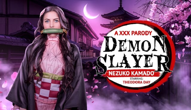 Theodora Day as Nezuko Kamado performs a blowjob in a horror cosplay setting within this VRConk 60 FPS VR parody video.