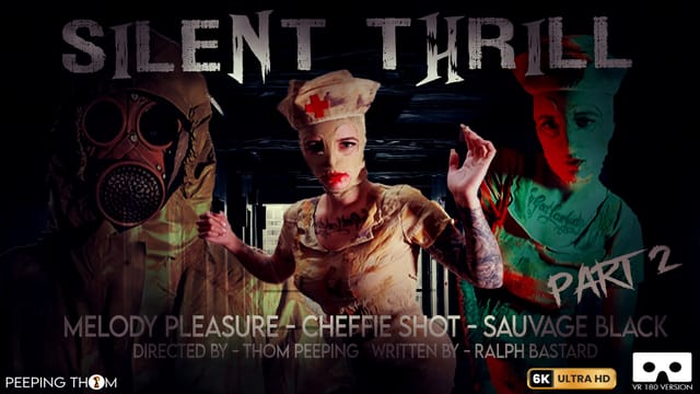 Melody Pleasure, Cheffie Shot, and Sauvage Black perform a POV blowjob and footjob in a cosplay setting for Silent Thrill VR Part 02.