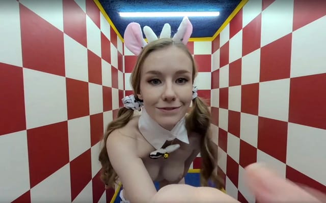 Emily Bloom in a cute cow cosplay poses solo in a studio setting for this premium 4K non POV VR experience.