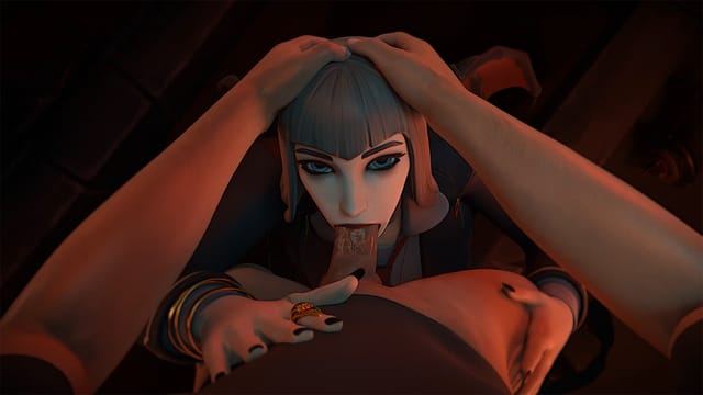 Vivica Saint performs a POV blowjob in a bedroom setting for DarkDreams Fortnite parody VR video in 4K resolution.