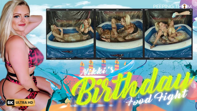 Nikki Peeping Thom and Loula Lou engage in a birthday food fight with a live audience in 4K non-POV VR.