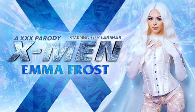 Lily Larimar as Emma Frost performs a POV blowjob in cosplay, featuring 4K VR passthrough visuals and 60 FPS playback.