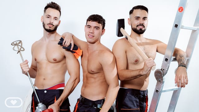 Oliver Hunt, Tony Silver, and Stallion Fabio perform anal and oral acts in an office setting for VirtualRealGay VR content.