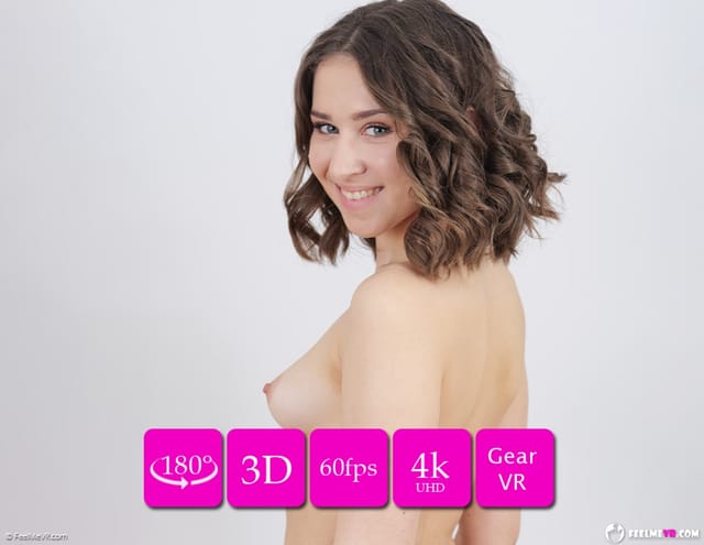 Gabriella Ella poses nude in a casting backstage setting for this FeelmeVR 4K solo VR video.