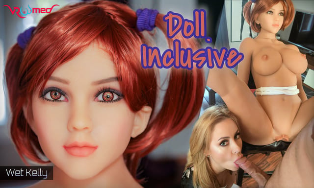 Britney Kelly performs a POV blowjob on a sex doll in 4K VR content from VRoomed.