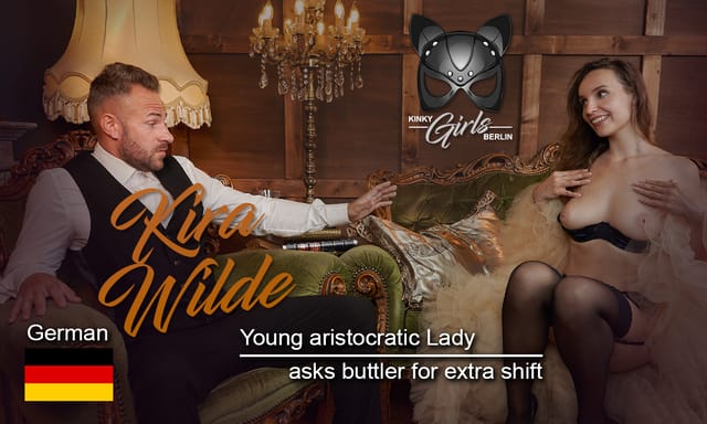 Kira Wilde in a German VR non POV scene performs oral sex on a butler within an aristocratic setting at 60 frames per second.