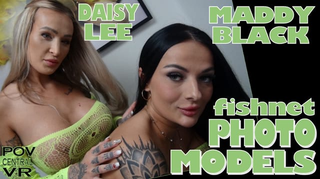 Daisy Lee and Maddy Black in fishnet outfits perform group sex and blowjobs in a premium 60 FPS VR POV scene.