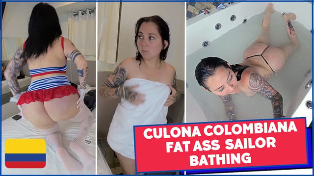 Brunette model Roxxxy in a sailor outfit bathes while filming a 4K 180-degree POV VR video for PLAYVR.
